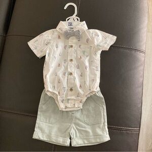 NWT Little Lad Baby Boys Buttondown Shorts Sailboat Ship Set with Necktie